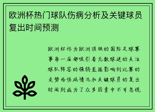 欧洲杯热门球队伤病分析及关键球员复出时间预测