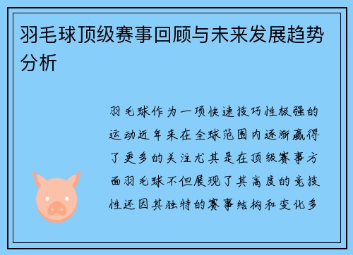 羽毛球顶级赛事回顾与未来发展趋势分析