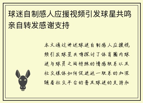 球迷自制感人应援视频引发球星共鸣亲自转发感谢支持